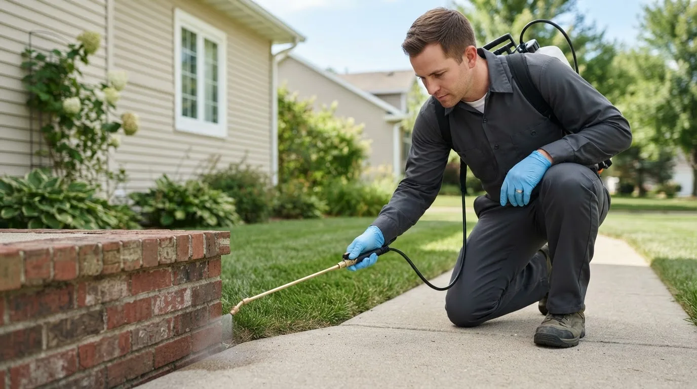 Pest control technician treating a home near New Derry, PA